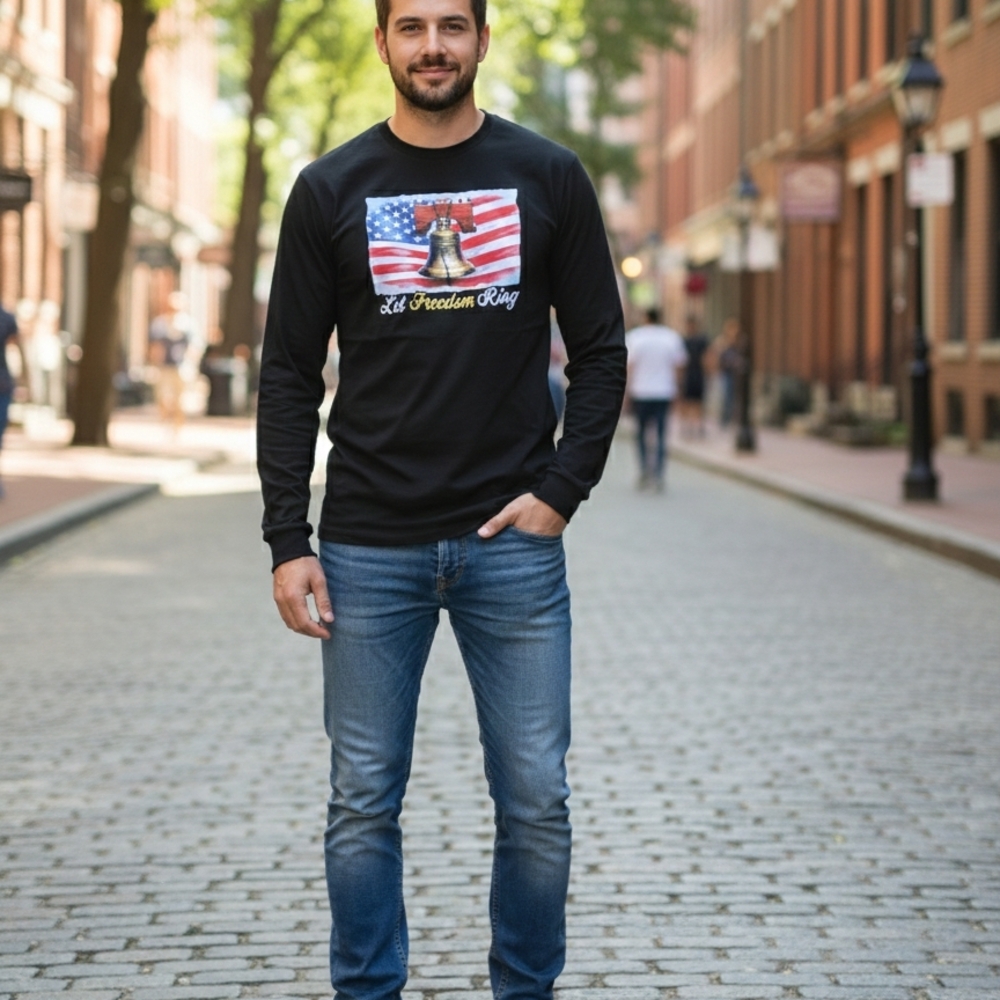 Men's Black Long Sleeve Tee with Flag Graphic
